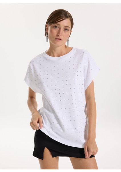 Bisiklet Yaka Taşlı Beyaz Kadın T-Shirt F5WL-TST0247