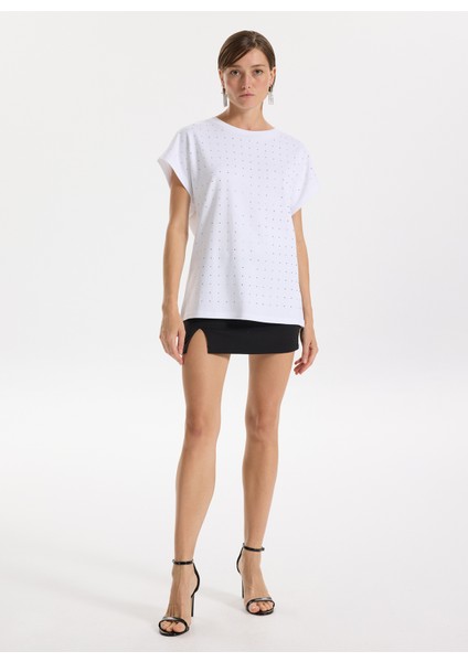 Bisiklet Yaka Taşlı Beyaz Kadın T-Shirt F5WL-TST0247 fırsatları