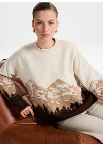 Bisiklet Yaka Loose Fit Jakarlı Ekru - Kahve Kazak Kadın F5WL-KZK0253