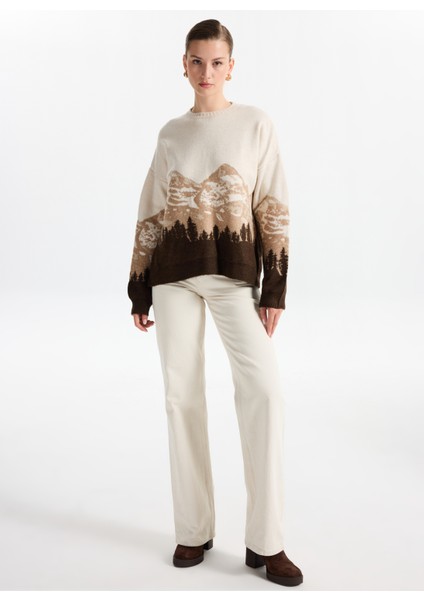 Bisiklet Yaka Loose Fit Jakarlı Ekru - Kahve Kazak Kadın F5WL-KZK0253 fiyatları