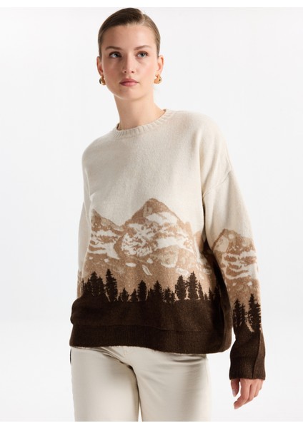 Bisiklet Yaka Loose Fit Jakarlı Ekru - Kahve Kazak Kadın F5WL-KZK0253 modelleri