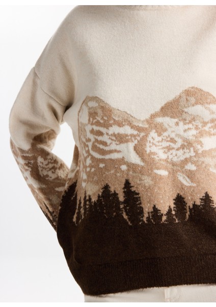 Bisiklet Yaka Loose Fit Jakarlı Ekru - Kahve Kazak Kadın F5WL-KZK0253 fırsatları