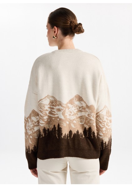 Bisiklet Yaka Loose Fit Jakarlı Ekru - Kahve Kazak Kadın F5WL-KZK0253 indirimleri