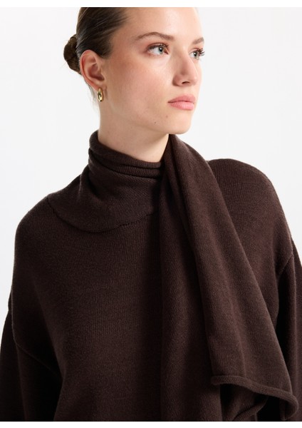 Şal Yaka Relaxed Düz Kahve Kazak Kadın F5WL-KZK0084