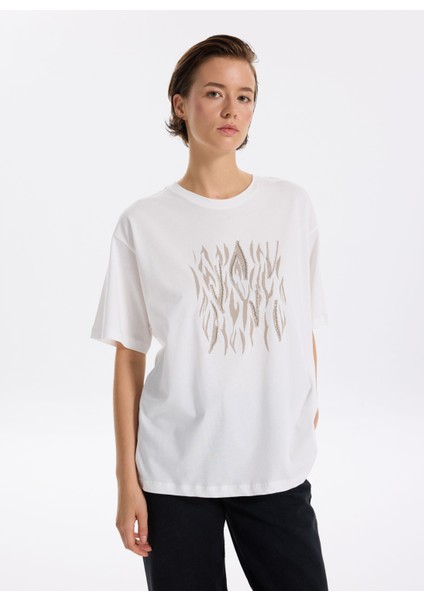 Bisiklet Yaka Taşlı Beyaz Kadın T-Shirt F5WL-TST0338