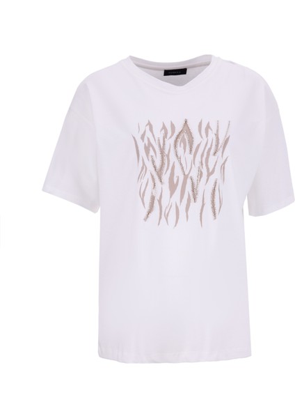 Bisiklet Yaka Taşlı Beyaz Kadın T-Shirt F5WL-TST0338 fiyatları