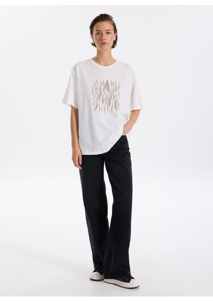 Bisiklet Yaka Taşlı Beyaz Kadın T-Shirt F5WL-TST0338 fırsatları