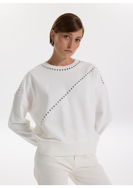 Bisiklet Yaka Taşlı Beyaz Kadın Sweatshırt F5WL-SWT0033