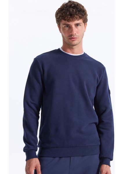 D5WM-SWT3940 Lacivert Bisiklet Yaka Relaxed Düz Erkek Sweatshırt indirimleri