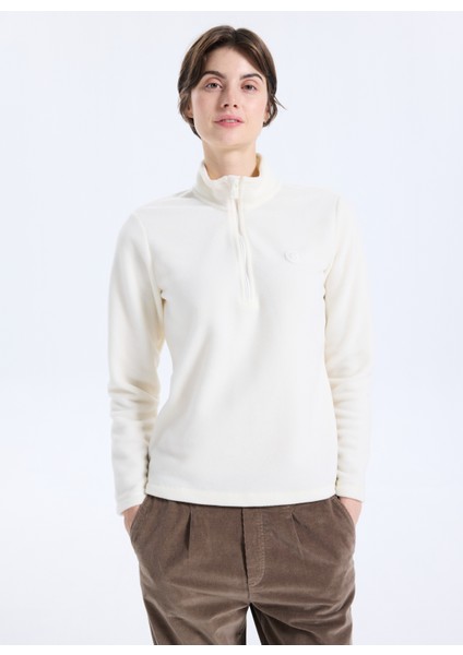 D5WL-SWT3302 Beyaz Fermuarlı Yaka Basic Düz Kadın Polar Sweatshırt