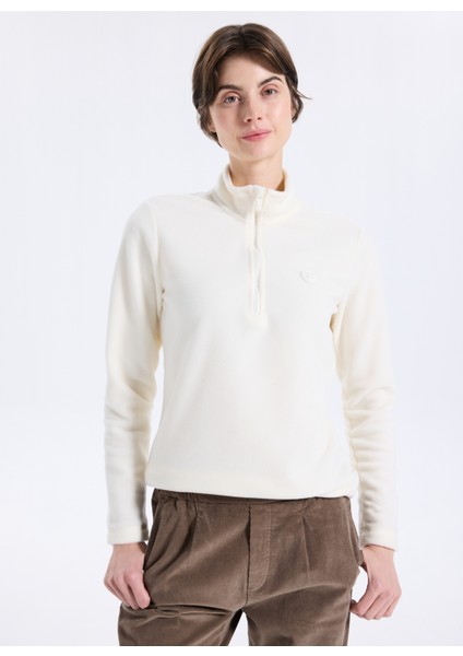 D5WL-SWT3302 Beyaz Fermuarlı Yaka Basic Düz Kadın Polar Sweatshırt modelleri