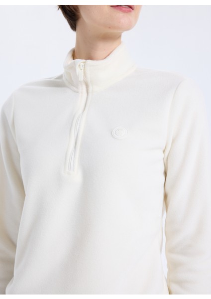 D5WL-SWT3302 Beyaz Fermuarlı Yaka Basic Düz Kadın Polar Sweatshırt fırsatları