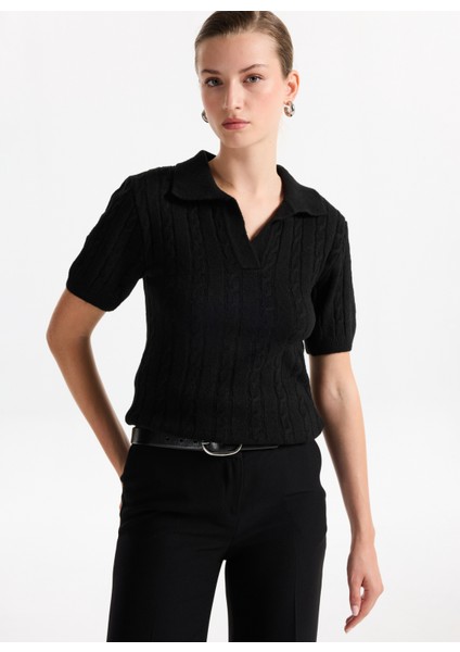 Gömlek Yaka Relaxed Saç Örgü Desenli Siyah Kazak Kadın F5WL-KZK0257