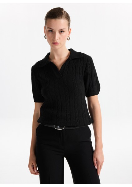 Gömlek Yaka Relaxed Saç Örgü Desenli Siyah Kazak Kadın F5WL-KZK0257 fiyatları