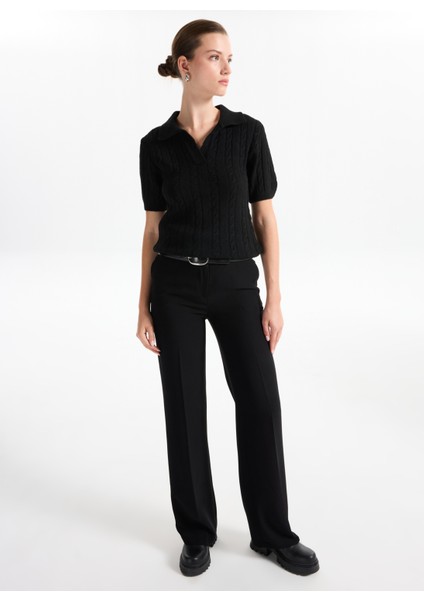 Gömlek Yaka Relaxed Saç Örgü Desenli Siyah Kazak Kadın F5WL-KZK0257 modelleri