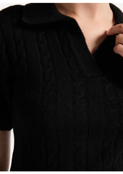 Gömlek Yaka Relaxed Saç Örgü Desenli Siyah Kazak Kadın F5WL-KZK0257 fırsatları