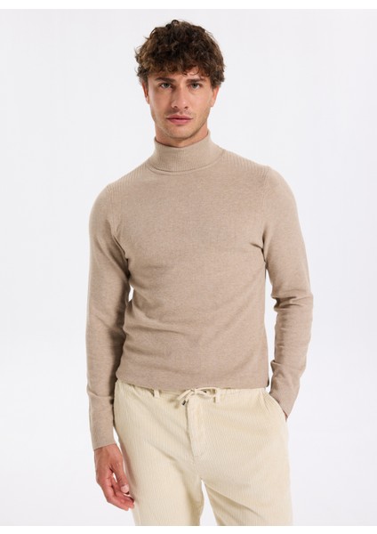 Tam Balıkçı Yaka Slim Fit Düz Bej Melanj Erkek Kazak F5WM-KZK 2524