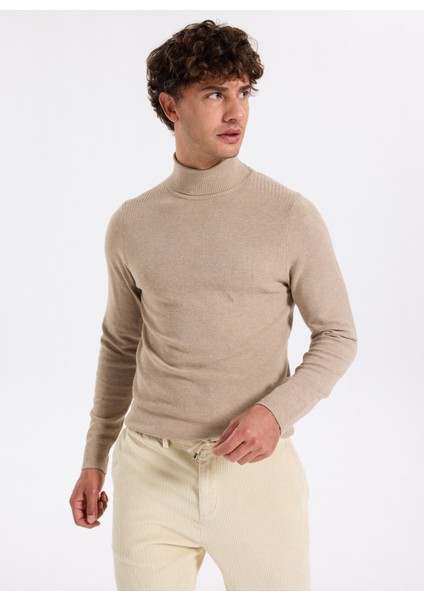 Tam Balıkçı Yaka Slim Fit Düz Bej Melanj Erkek Kazak F5WM-KZK 2524 fiyatları