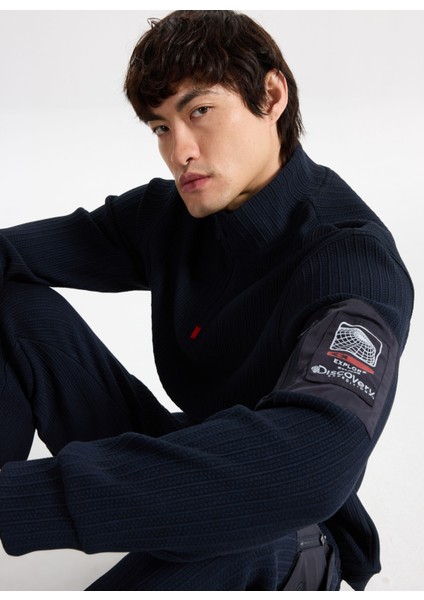 D5WM-SWT3800 Lacivert Dik Yaka Relaxed Düz Erkek Sweatshırt