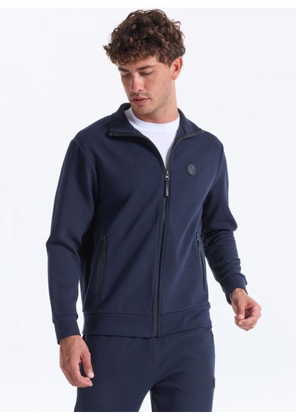 D5WM-SWT3988 Lacivert Dik Yaka Relaxed Düz Erkek Sweatshırt