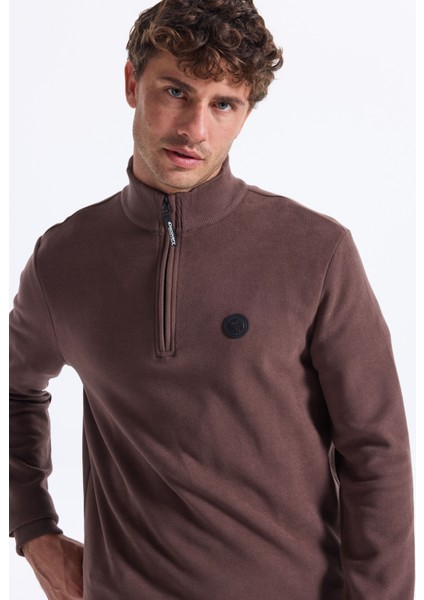 D5WM-SWT3941 Kahve Dik Yaka Relaxed Düz Erkek Sweatshırt