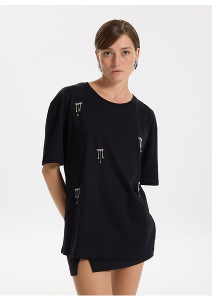 Bisiklet Yaka Taşlı Siyah Kadın T-Shirt F5WL-TST0246