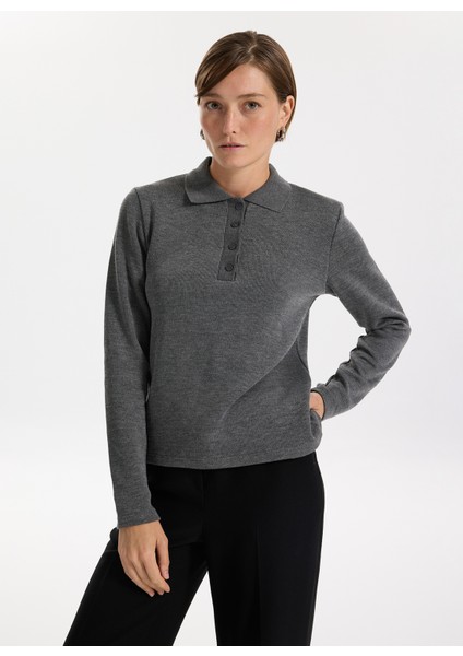 Polo Yaka Slim Fit Düz Gri Melanj Kazak Kadın F5WL-KZK0412