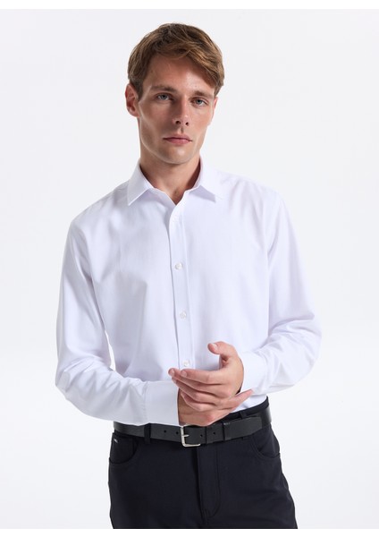 Slim Fit Gömlek Yaka Armürlü Beyaz Erkek Gömlek Maydos-Y 402