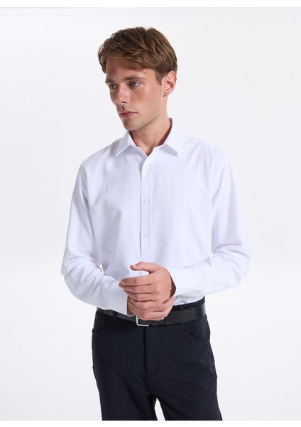 Slim Fit Gömlek Yaka Armürlü Beyaz Erkek Gömlek Maydos-Y 402 fırsatları