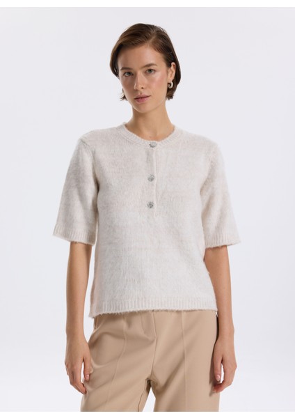 Bisiklet Yaka Relaxed Düz Ekru Kazak Kadın F5WL-KZK0147