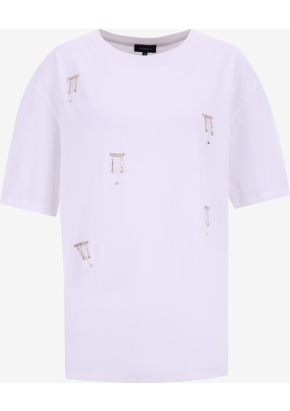 Bisiklet Yaka Taşlı Beyaz Kadın T-Shirt F5WL-TST0246 fiyatları
