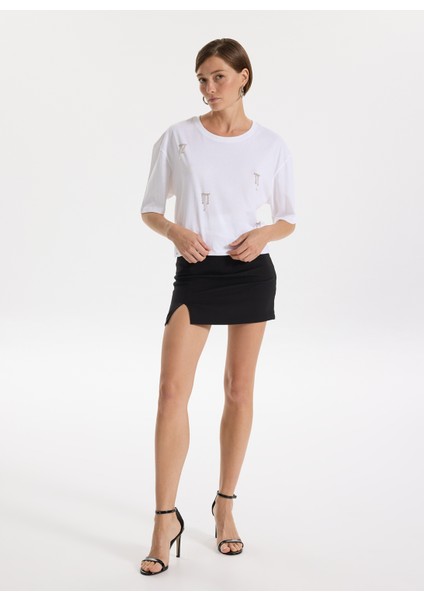 Bisiklet Yaka Taşlı Beyaz Kadın T-Shirt F5WL-TST0246 fırsatları