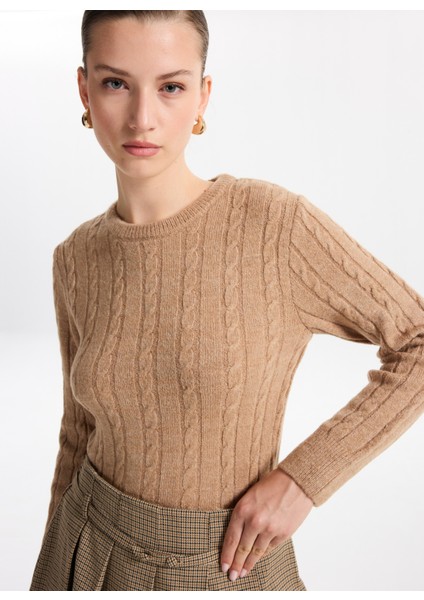 Bisiklet Yaka Basic Saç Örgü Desenli Camel Kazak Kadın F5WL-KZK0255