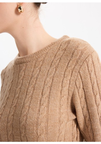 Bisiklet Yaka Basic Saç Örgü Desenli Camel Kazak Kadın F5WL-KZK0255 fırsatları