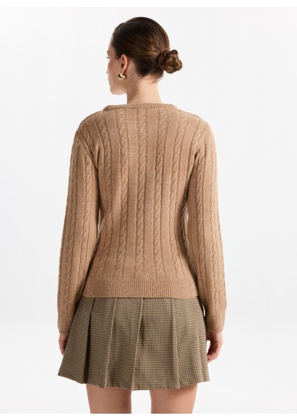 Bisiklet Yaka Basic Saç Örgü Desenli Camel Kazak Kadın F5WL-KZK0255 indirimleri