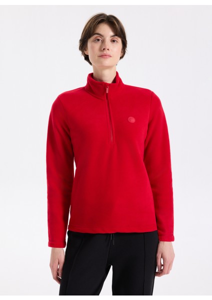 D5WL-SWT3302 Kırmızı Fermuarlı Yaka Basic Düz Kadın Polar Sweatshırt