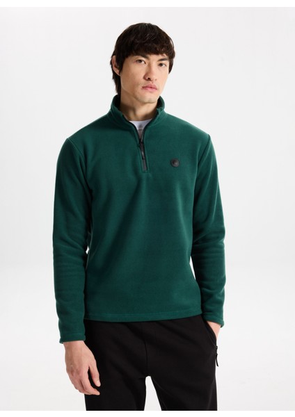 D5WM-SWT3300 Koyu Yeşil Fermuarlı Yaka Basic Düz Erkek Polar Sweatshırt