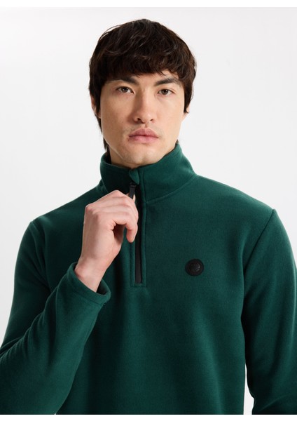 D5WM-SWT3300 Koyu Yeşil Fermuarlı Yaka Basic Düz Erkek Polar Sweatshırt fiyatları