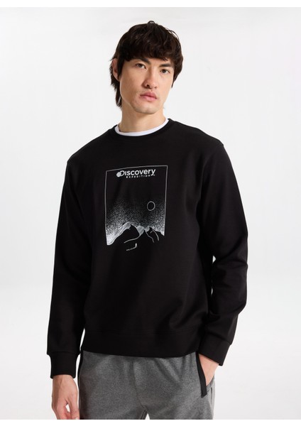 D5WM-SWT3804 Siyah Bisiklet Yaka Relaxed Baskılı Erkek Sweatshırt