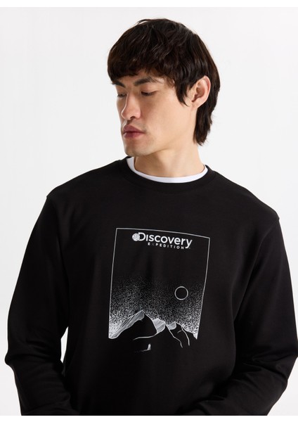 D5WM-SWT3804 Siyah Bisiklet Yaka Relaxed Baskılı Erkek Sweatshırt modelleri