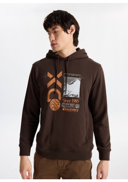 D5WM-SWT3857 Kahve Kapüşon Yaka Relaxed Baskılı Erkek Sweatshırt modelleri