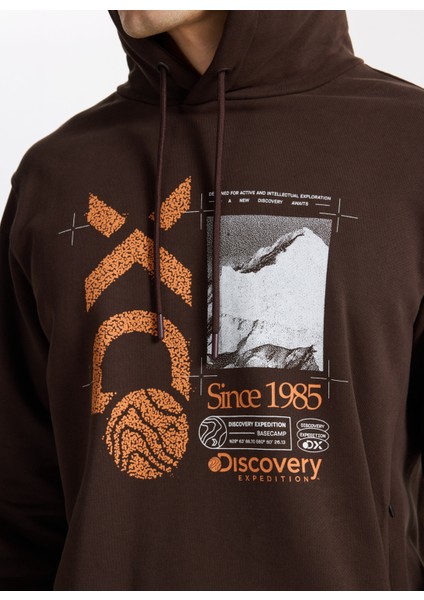 D5WM-SWT3857 Kahve Kapüşon Yaka Relaxed Baskılı Erkek Sweatshırt fırsatları