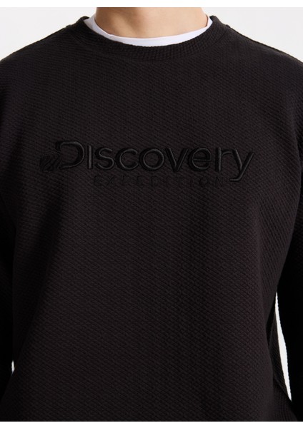 D5WM-SWT3831 Siyah Bisiklet Yaka Relaxed Nakışlı Erkek Sweatshırt fırsatları