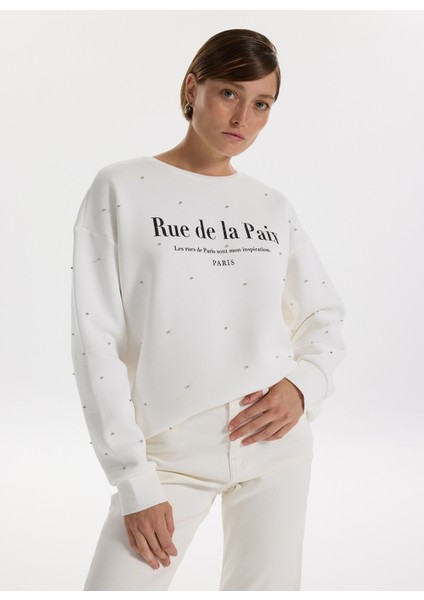Bisiklet Yaka Taşlı Beyaz Kadın Sweatshırt F5WL-SWT0228
