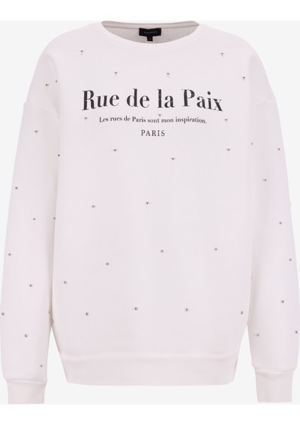 Bisiklet Yaka Taşlı Beyaz Kadın Sweatshırt F5WL-SWT0228 fiyatları