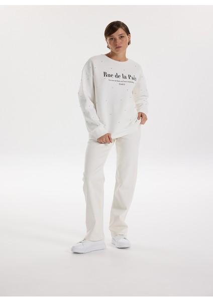 Bisiklet Yaka Taşlı Beyaz Kadın Sweatshırt F5WL-SWT0228 fırsatları