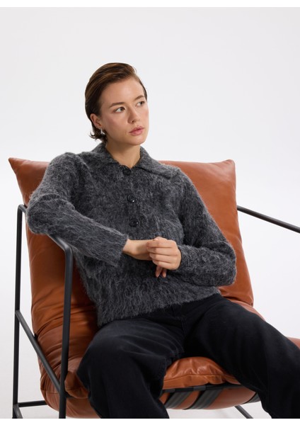 Ceket Yaka Relaxed Düz Antrasit Melanj Kazak Kadın F5WL-KZK0148