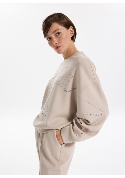 Bisiklet Yaka Taşlı Bej Kadın Sweatshırt F5WL-SWT0034