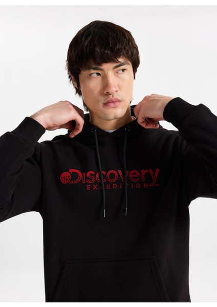 D5WM-SWT3854 Siyah Kapüşon Yaka Relaxed Baskılı Erkek Sweatshırt