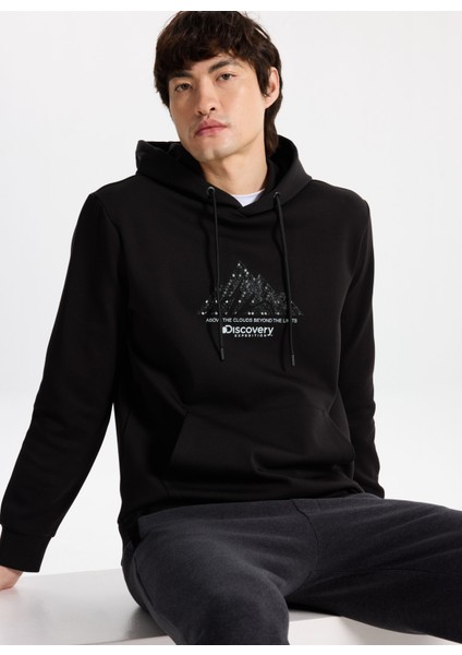 D5WM-SWT3869 Siyah Kapüşon Yaka Relaxed Baskılı Erkek Sweatshırt